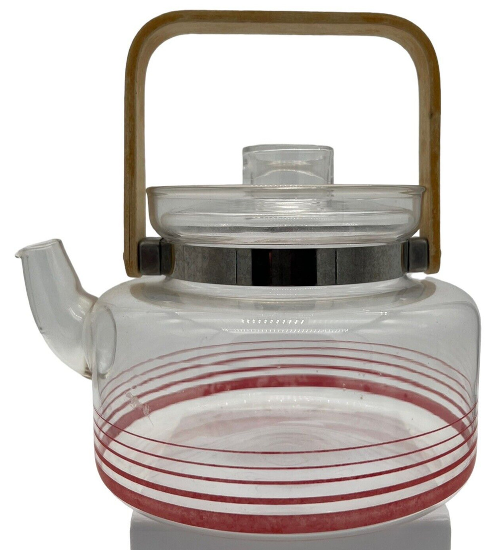 Retro Glass Teapot Red Stripes Wood Handle MCM Carafe Pitcher Iced Hot Tea 64oz